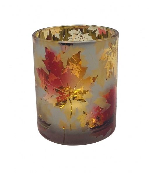 Windlicht Glas milchig , Design Ahorn gold innen gold, Material Glas, Größe D 7xH 9 cm
