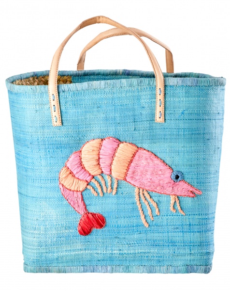 Raffia Bag blue with Embroidered Shrimp, Leather Handle, large