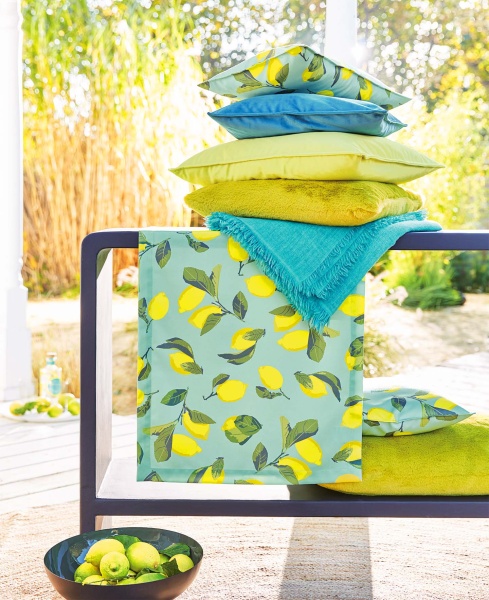 Tischwäsche Capri, Alloverdruck Zitronen auf 100% BW, Farbe lagune, verschiedene Größen, eckig