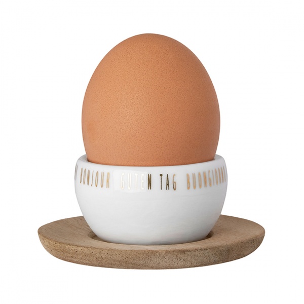 Eierbecher mit Unterteller, verschiedene Muster, Becher Porzellan / Unterteller Holz
